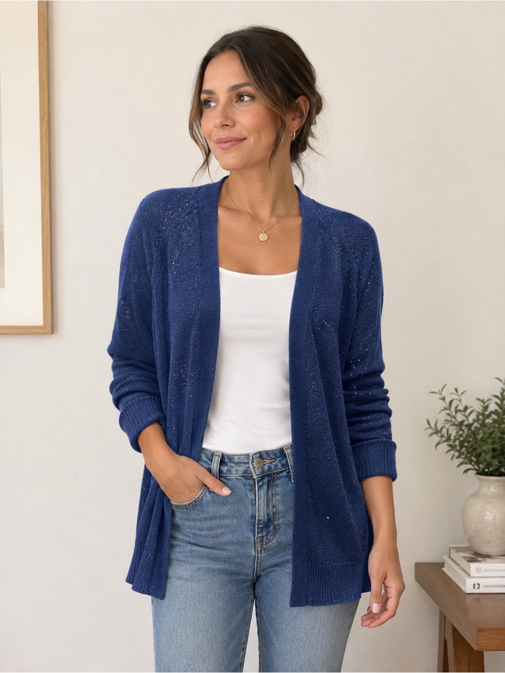 Banana Republic Navy Open-Front Sparkle Cardigan Sweater